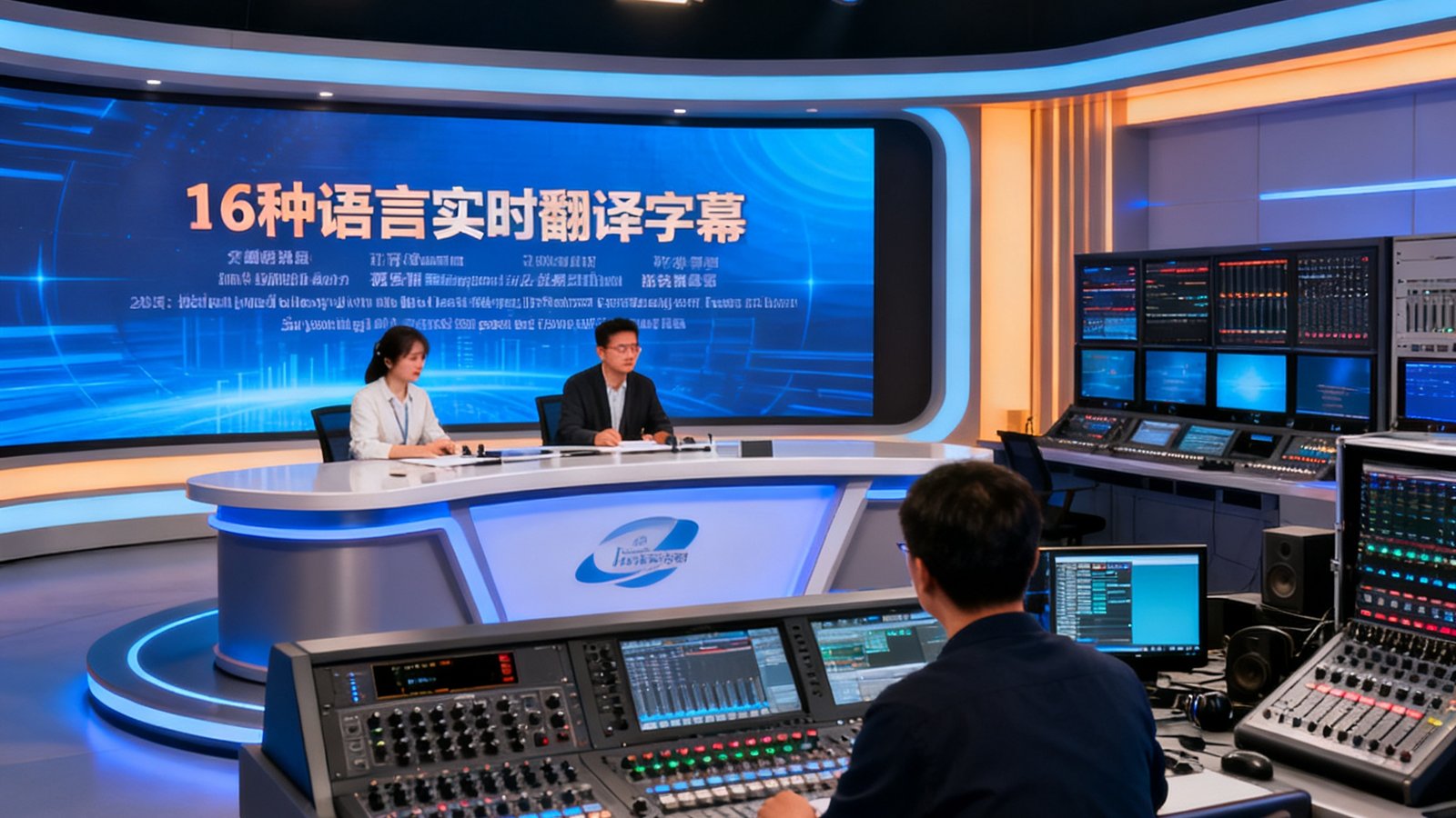 多语种数字演播厅内部全景，主播台后方大屏显示16种语言实时翻译字幕，技术人员在监控多路音频输入输出，整体环境科技感十足。