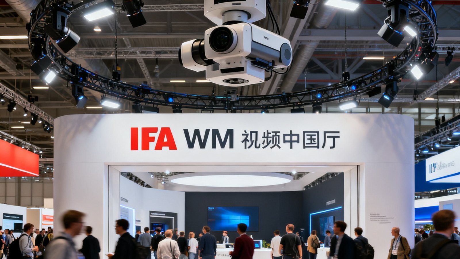 柏林IFA展会中国展区入口处WM视讯厅VR全景直播设备正在运作，360度摄像机架设在展台顶部，下方参观人群络绎不绝。