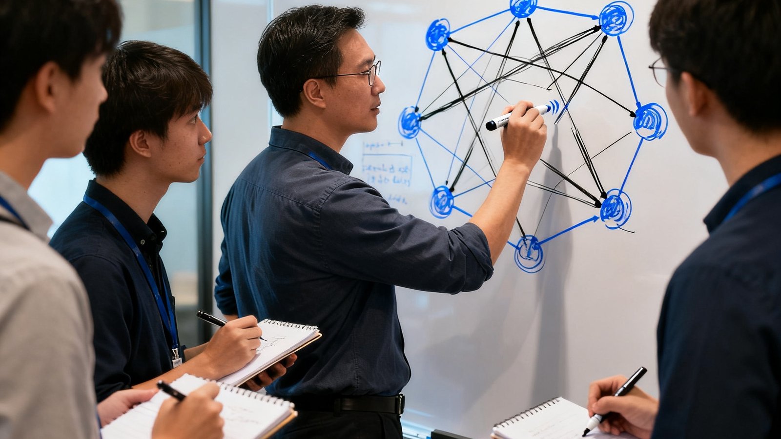 首席架构师王工站在白板前用马克笔绘制VR低延迟传输协议的网络拓扑图，周围几位年轻工程师正在记录讨论要点。
